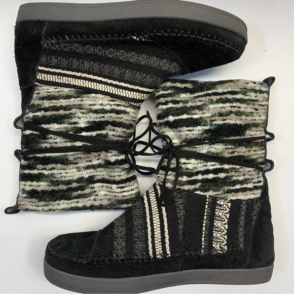 Toms Nepal Boots Womens 8.5 Black & White Suede/Fleece Lined Mid Calf Aztec - Picture 4 of 9